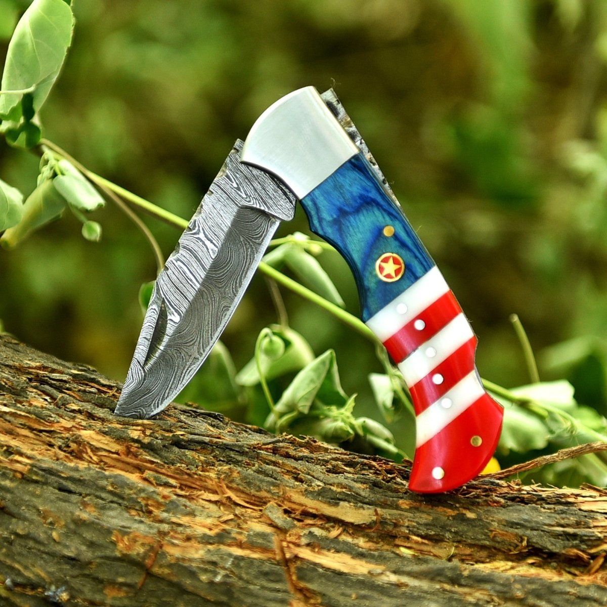 Handmade Damascus Folding Pocket Knife 6.5 Inch American Flag Resin Handle with Sheath - Lavish Blade