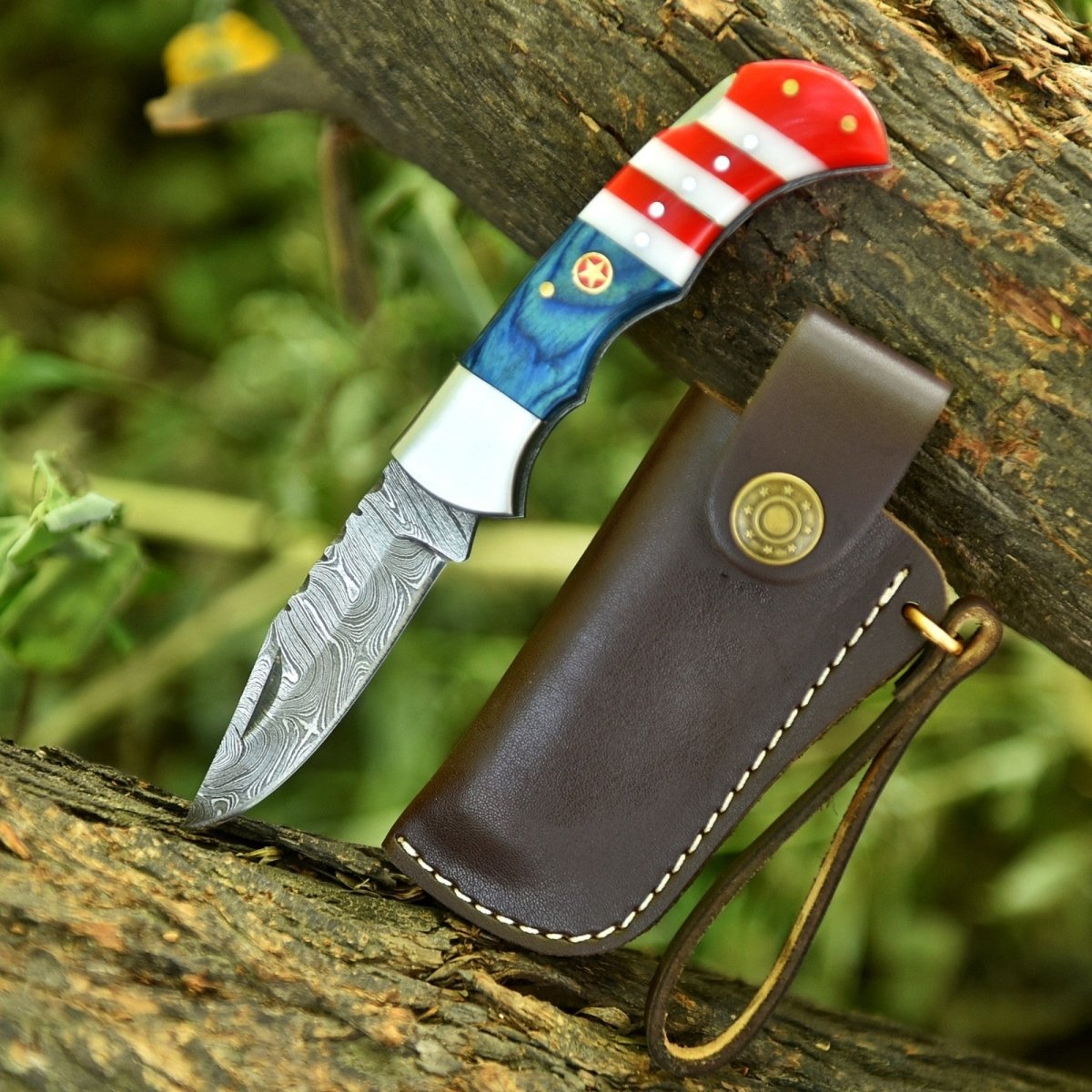 Handmade Damascus Folding Pocket Knife 6.5 Inch American Flag Resin Handle with Sheath - Lavish Blade