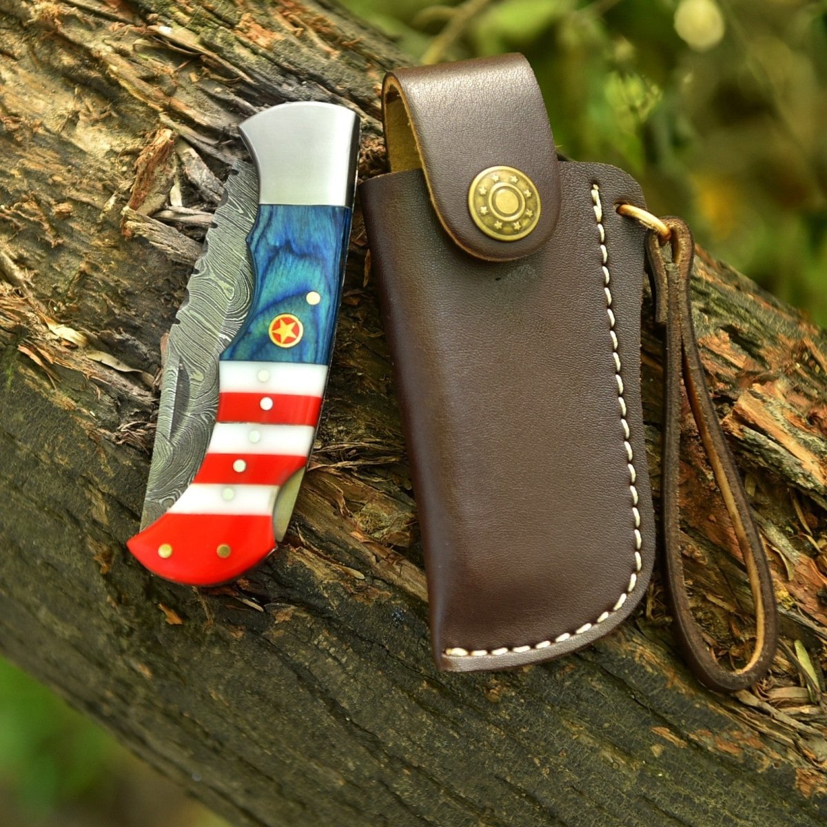 Handmade Damascus Folding Pocket Knife 6.5 Inch American Flag Resin Handle with Sheath - Lavish Blade