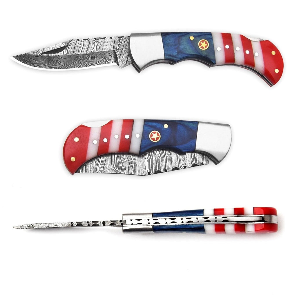 Handmade Damascus Folding Pocket Knife American Flag Resin Handle with Engraving Options - Lavish Blade