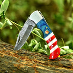 Handmade Damascus Folding Pocket Knife American Flag Resin Handle with Engraving Options - Lavish Blade