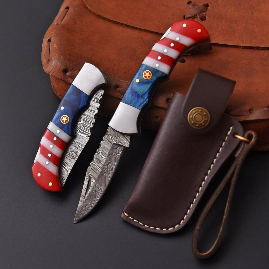 Handmade Damascus Folding Pocket Knife American Flag Resin Handle with Engraving Options - Lavish Blade