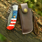 Handmade Damascus Folding Pocket Knife American Flag Resin Handle with Engraving Options - Lavish Blade