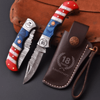 Handmade Damascus Folding Pocket Knife American Flag Resin Handle with Engraving Options - Lavish Blade
