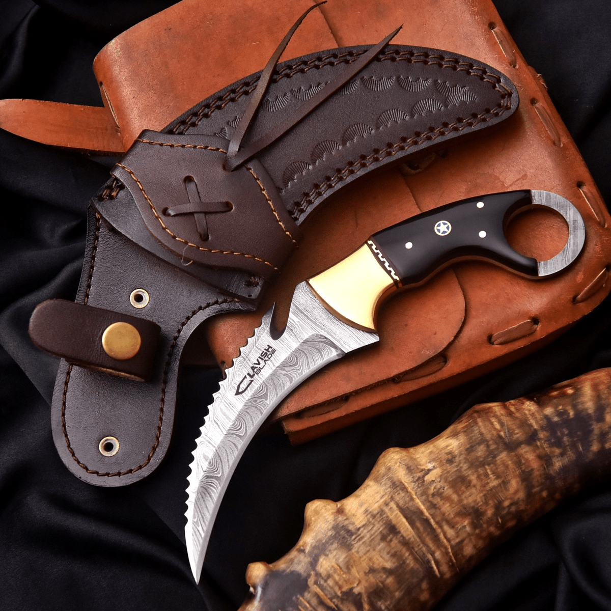 Handmade Damascus Karambit Knife 8 Inch Resin and Brass Handle with Sheath - Lavish Blade