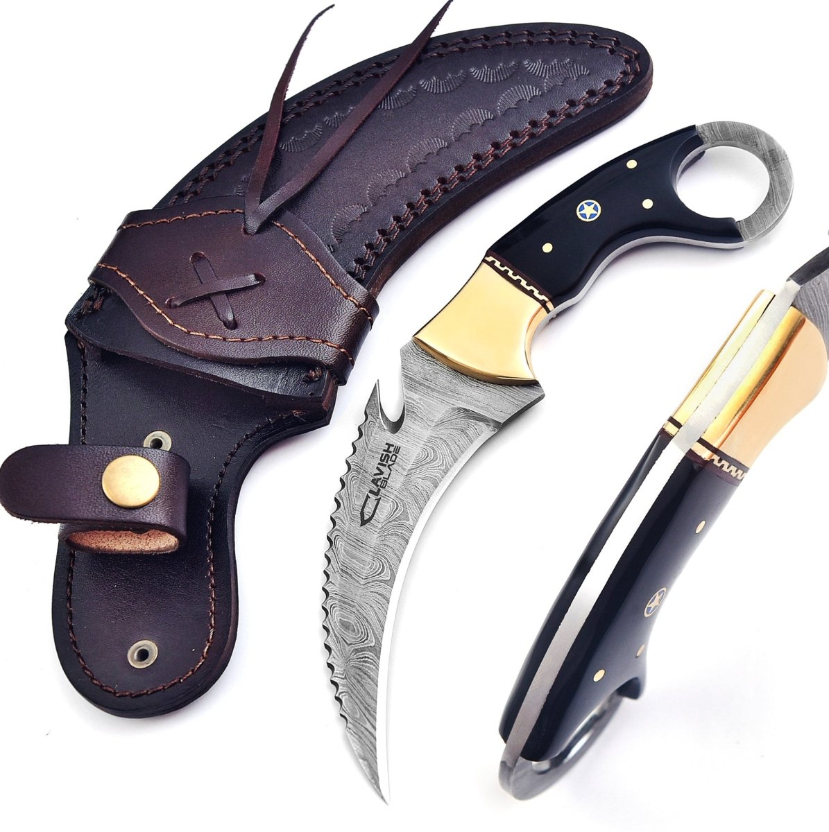Handmade Damascus Karambit Knife 8 Inch Resin and Brass Handle with Sheath - Lavish Blade