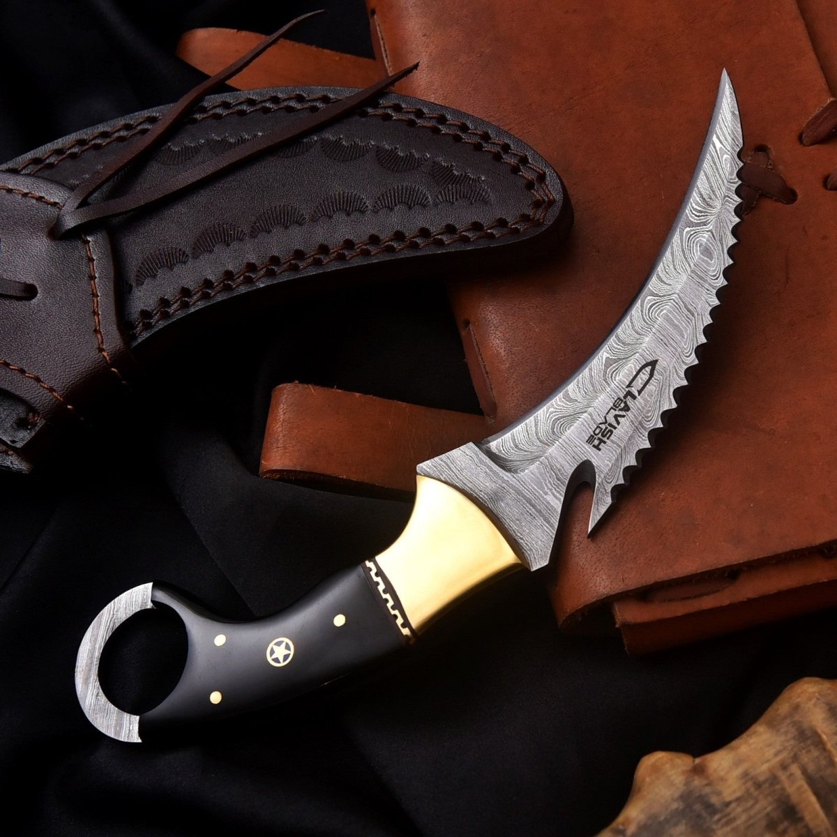 Handmade Damascus Karambit Knife 8 Inch Resin and Brass Handle with Sheath - Lavish Blade