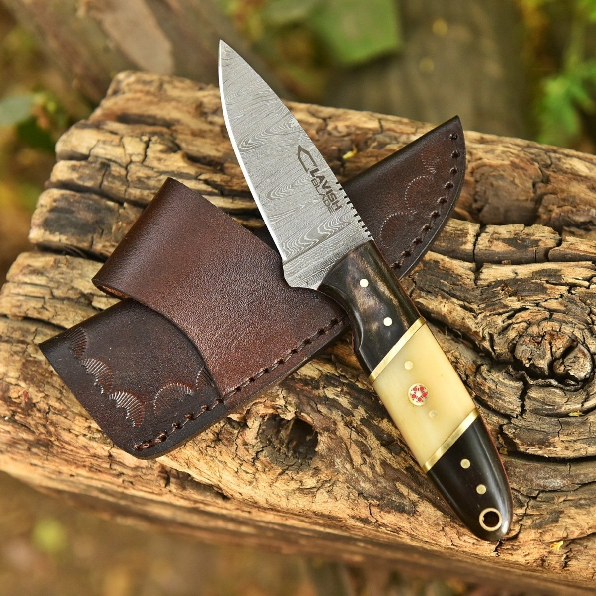 Handmade Damascus Skinner Knife 7 Inch Bone and Horn Handle with Mosaic Pin - Lavish Blade