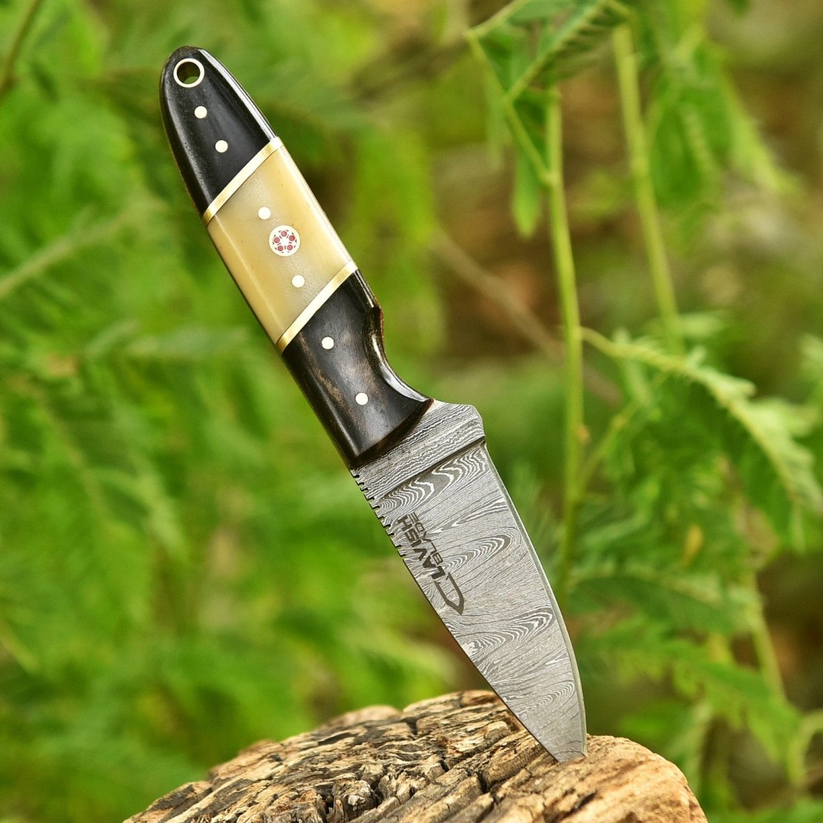Handmade Damascus Skinner Knife 7 Inch Bone and Horn Handle with Mosaic Pin - Lavish Blade