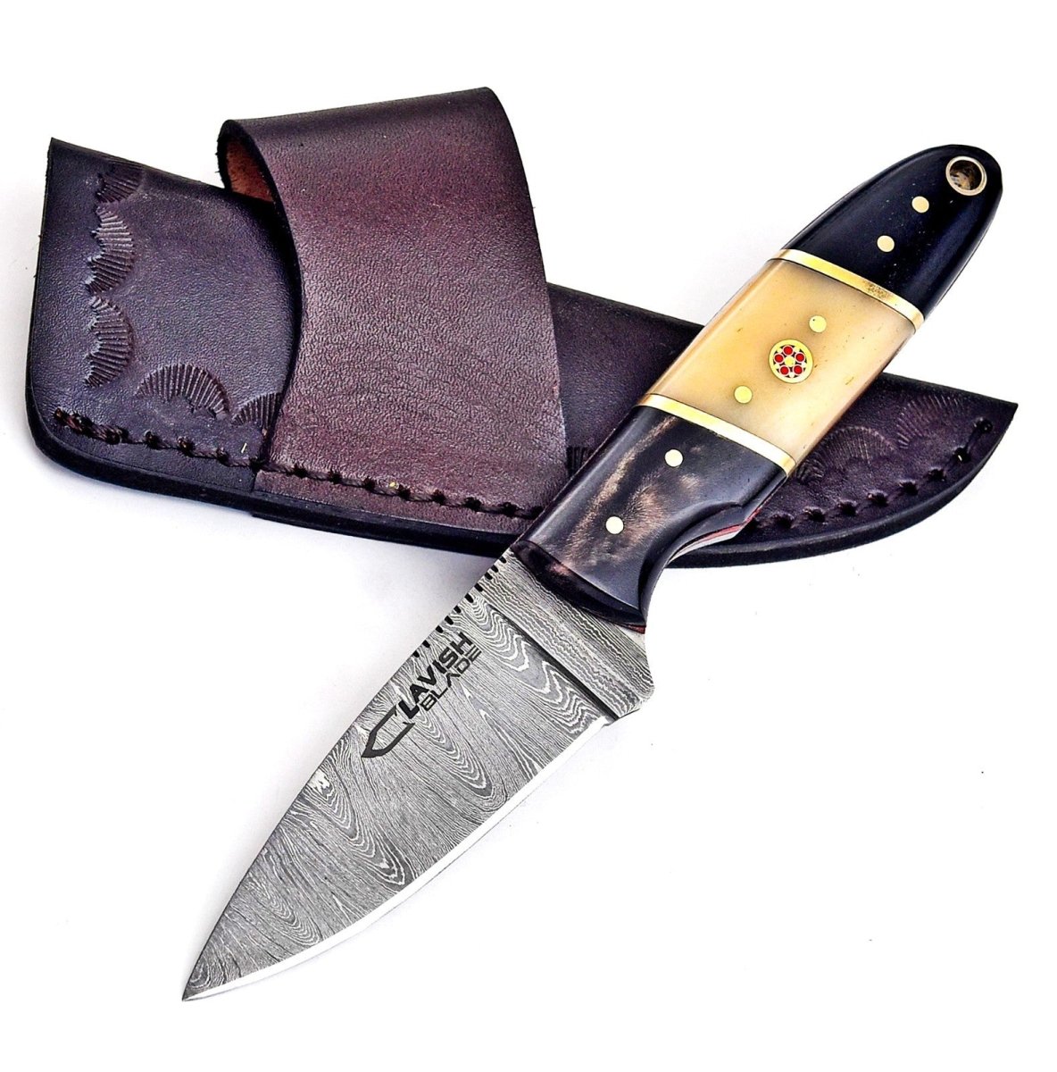 Handmade Damascus Skinner Knife 7 Inch Bone and Horn Handle with Mosaic Pin - Lavish Blade