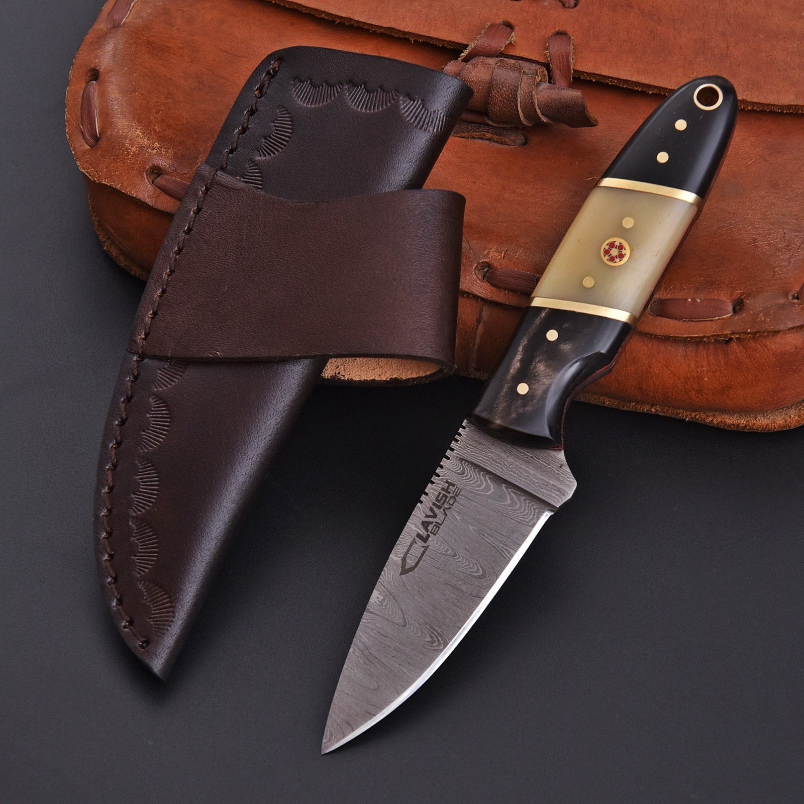 Handmade Damascus Skinner Knife 7 Inch Bone and Horn Handle with Mosaic Pin - Lavish Blade