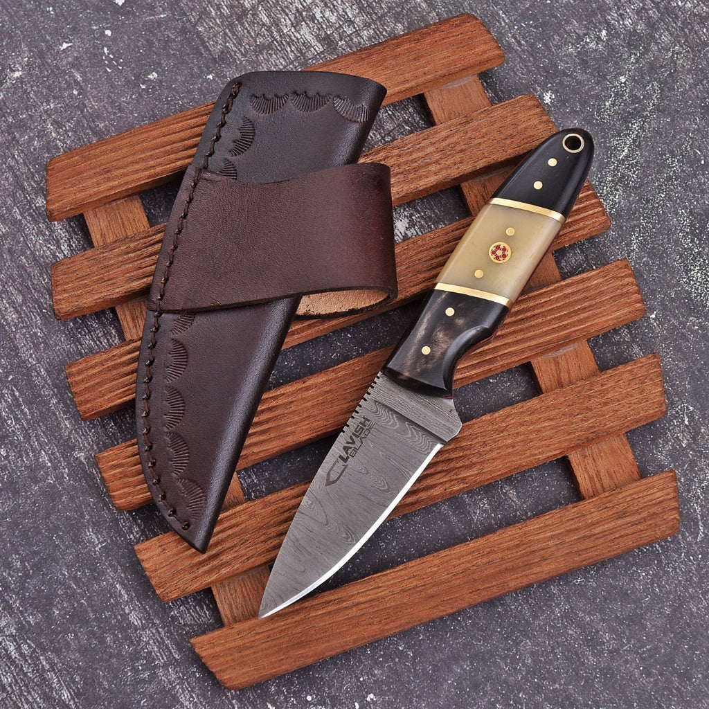 Handmade Damascus Skinner Knife 7 Inch Bone and Horn Handle with Mosaic Pin - Lavish Blade