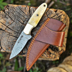 Handmade Damascus Skinner Knife 7 Inch Bone Handle with Mosaic Pin and Sheath - Lavish Blade