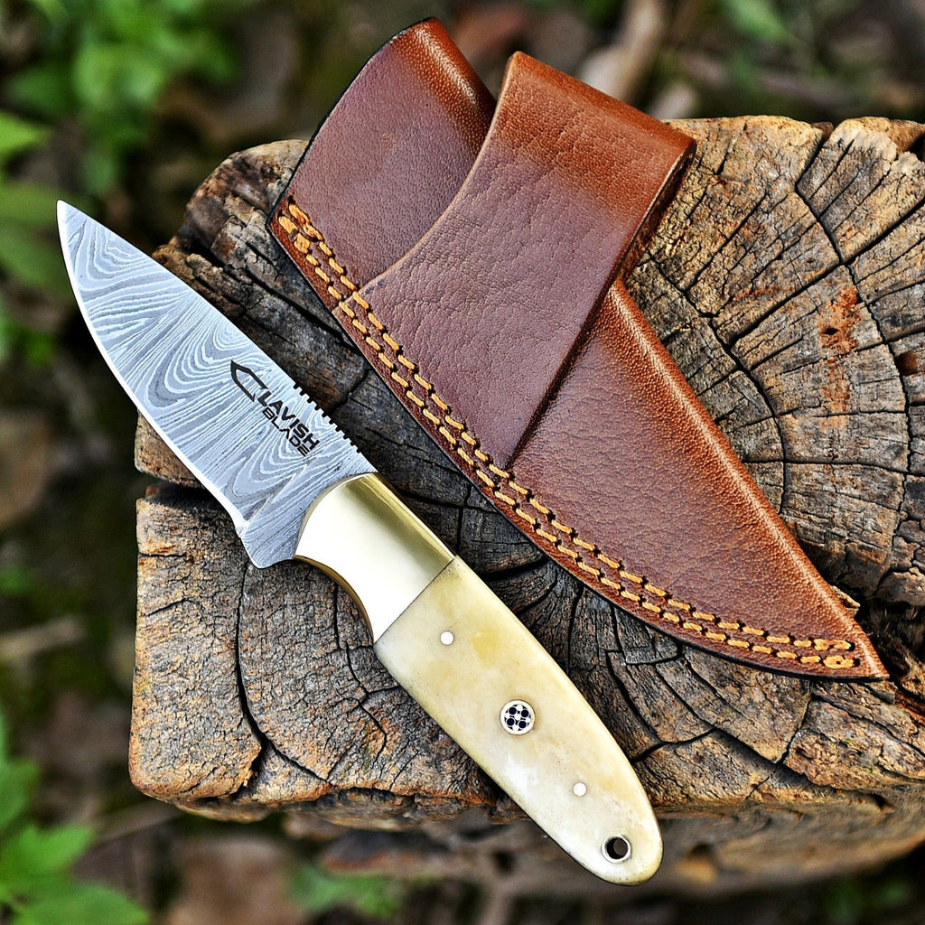 Handmade Damascus Skinner Knife 7 Inch Bone Handle with Mosaic Pin and Sheath - Lavish Blade