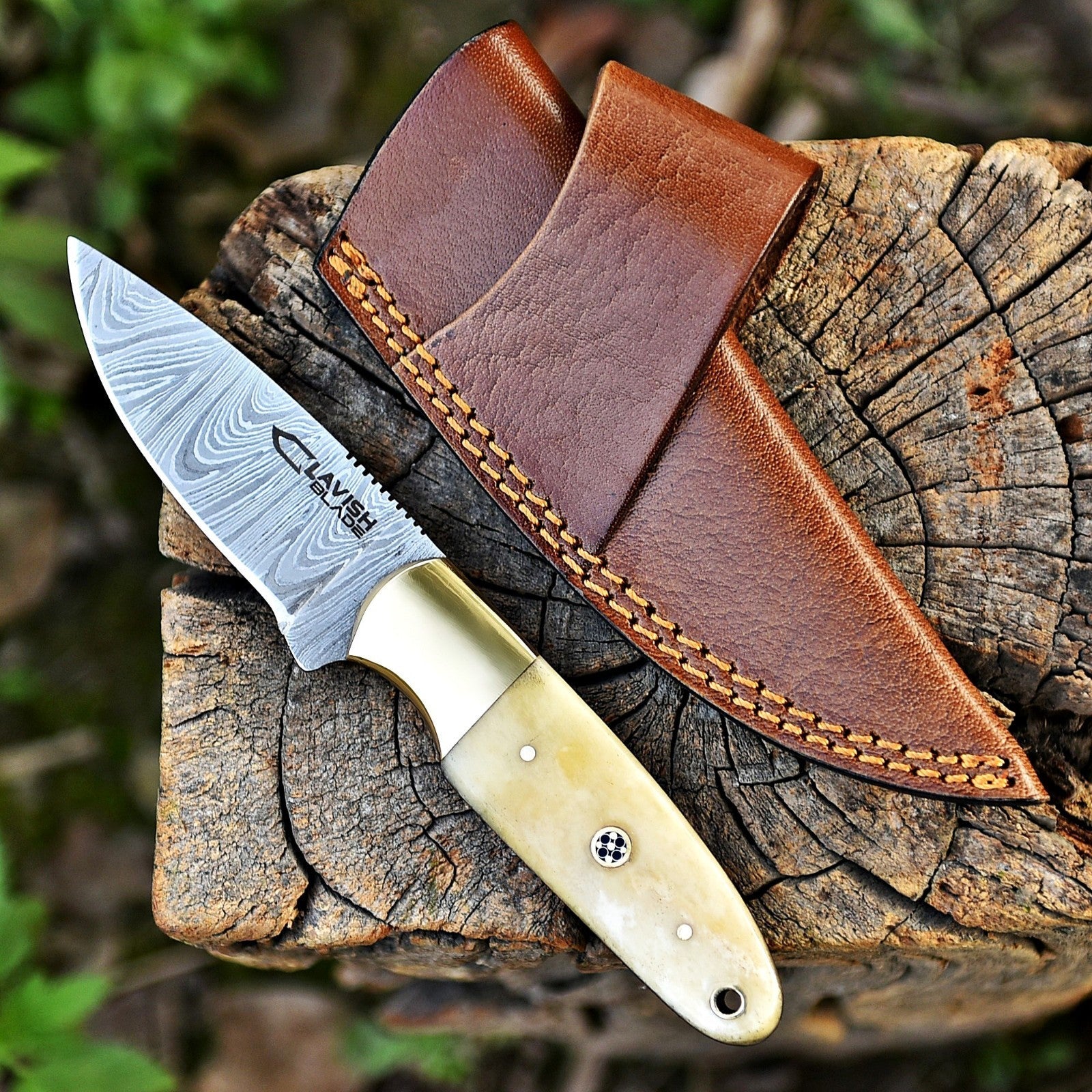 Handmade Damascus Skinner Knife 7 Inch Bone Handle with Mosaic Pin and Sheath - Lavish Blade