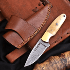 Handmade Damascus Skinner Knife 7 Inch Bone Handle with Mosaic Pin and Sheath - Lavish Blade