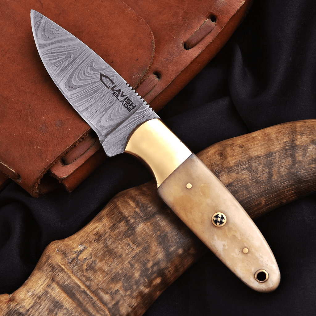 Handmade Damascus Skinner Knife 7 Inch Bone Handle with Mosaic Pin and Sheath - Lavish Blade