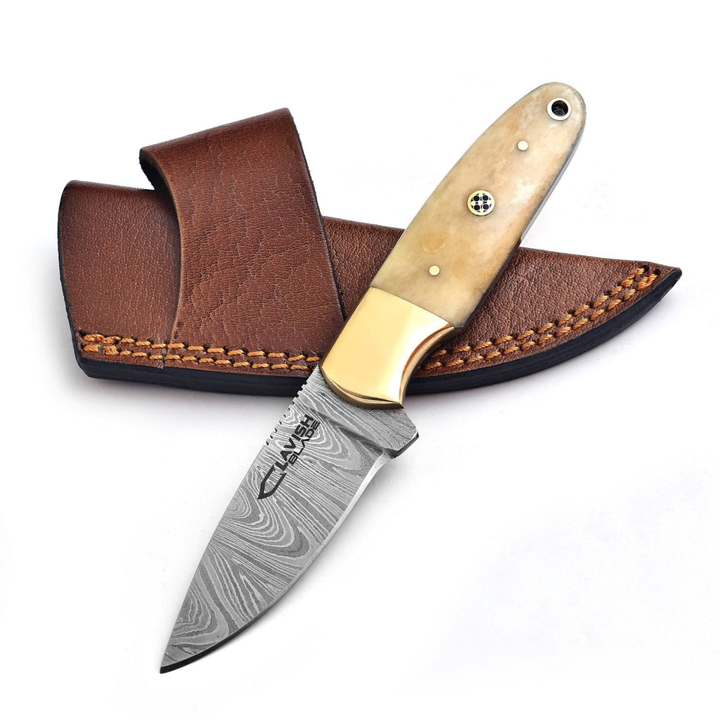 Handmade Damascus Skinner Knife 7 Inch Bone Handle with Mosaic Pin and Sheath - Lavish Blade