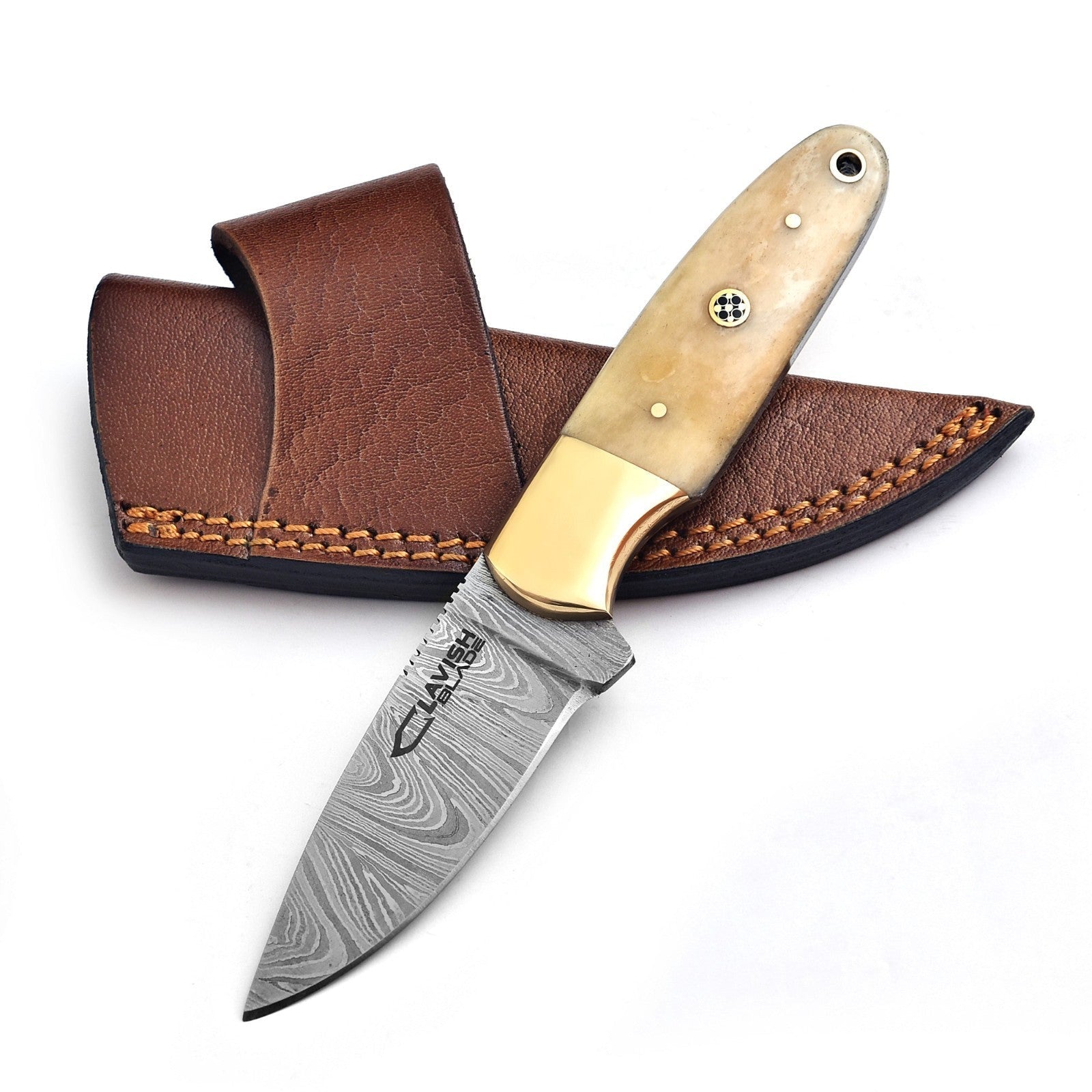 Handmade Damascus Skinner Knife 7 Inch Bone Handle with Mosaic Pin and Sheath - Lavish Blade