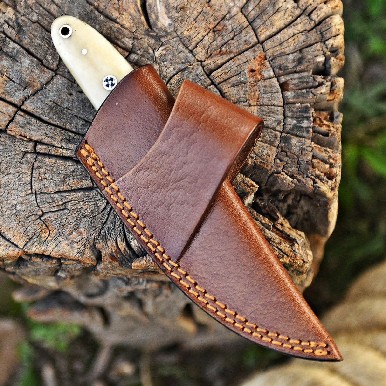 Handmade Damascus Skinner Knife 7 Inch Bone Handle with Mosaic Pin and Sheath - Lavish Blade