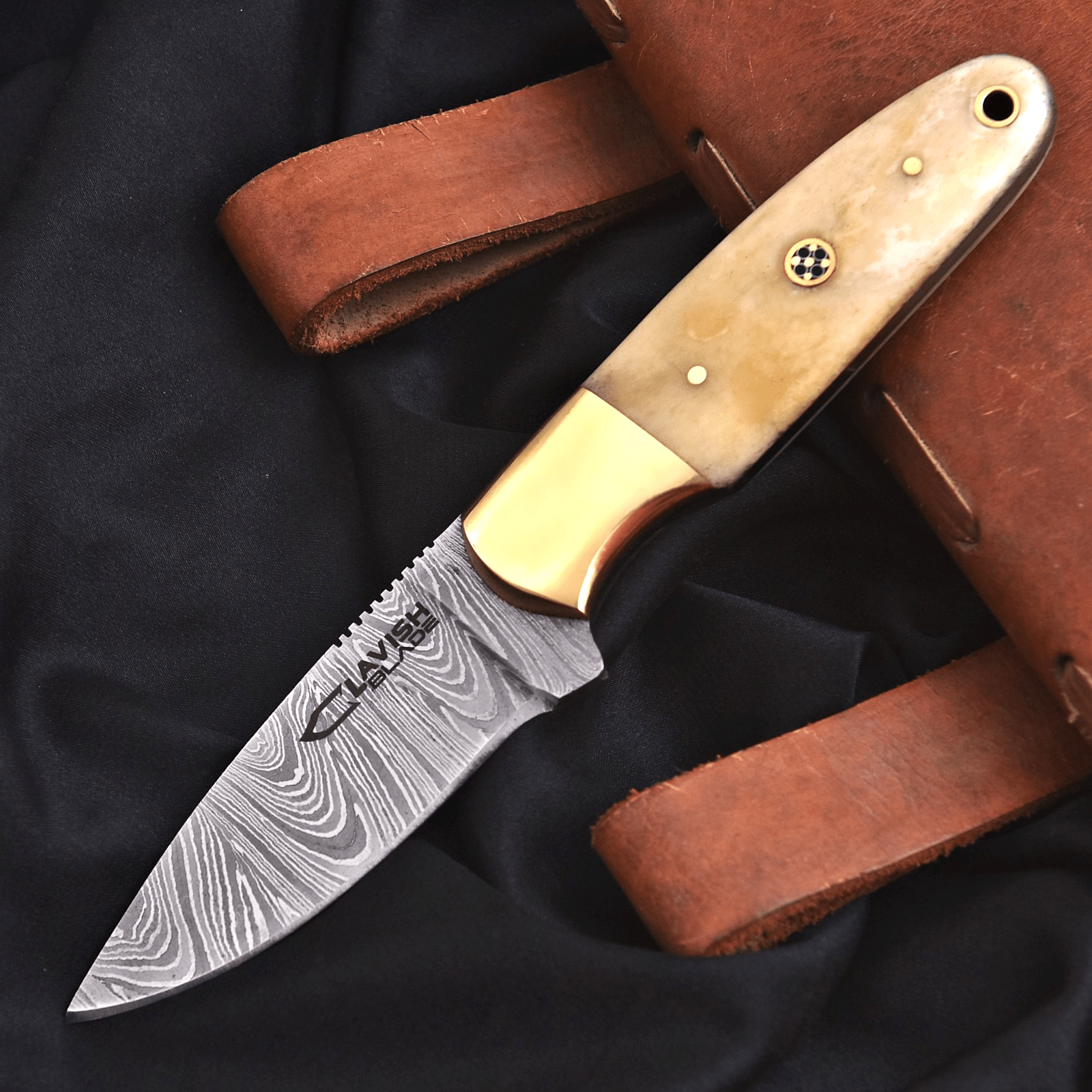 Handmade Damascus Skinner Knife 7 Inch Bone Handle with Mosaic Pin and Sheath - Lavish Blade