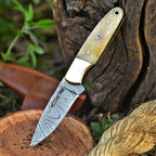 Handmade Damascus Skinner Knife 7 Inch Bone Handle with Mosaic Pin and Sheath - Lavish Blade