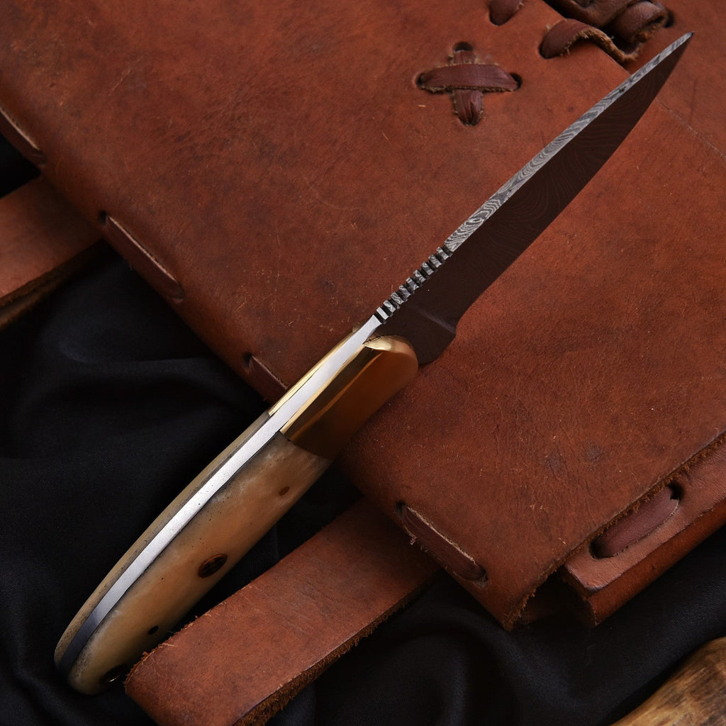 Handmade Damascus Skinner Knife 7 Inch Bone Handle with Mosaic Pin and Sheath - Lavish Blade