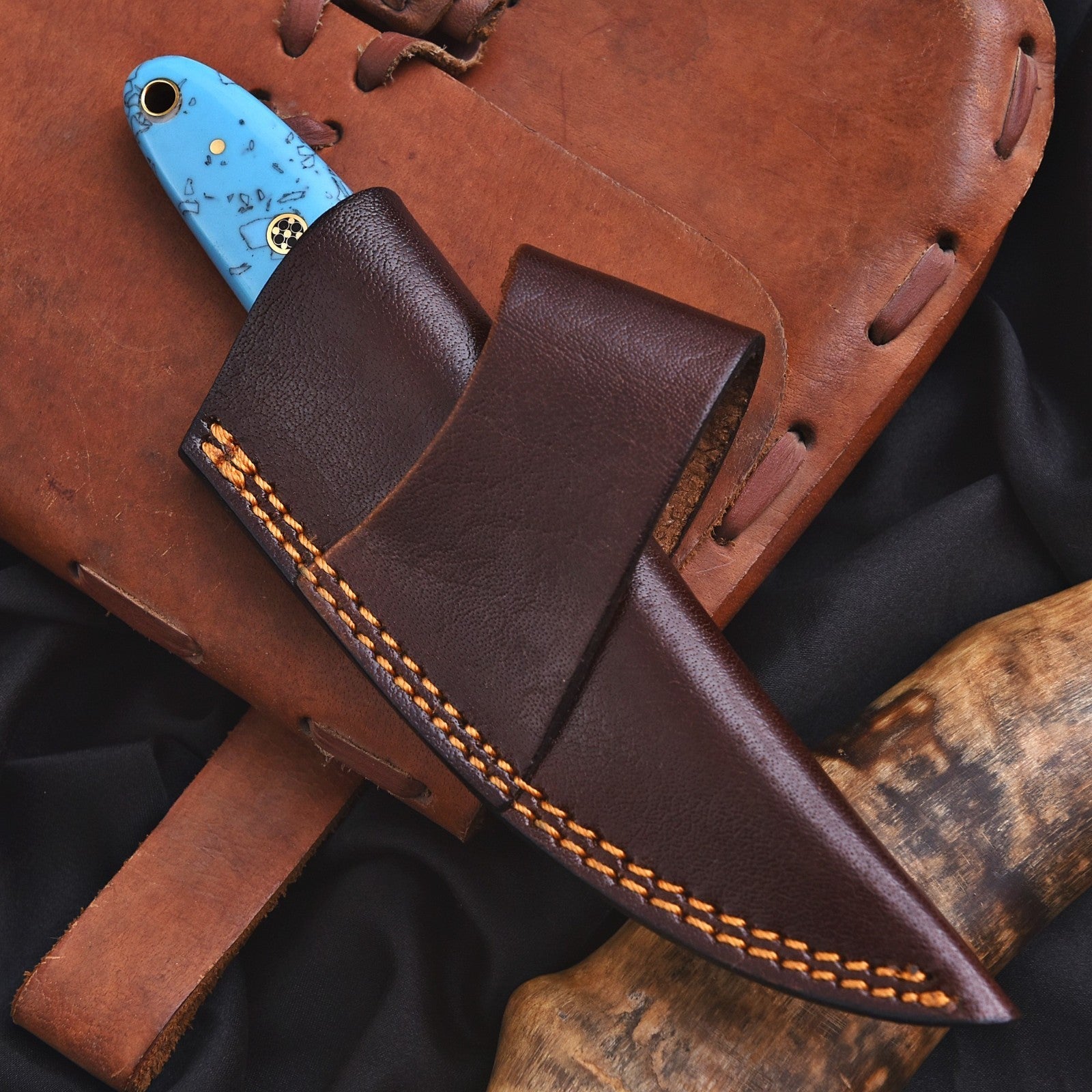 Handmade Damascus Skinner Knife 7 Inch Pearl Blue Resin Handle with Sheath - Lavish Blade