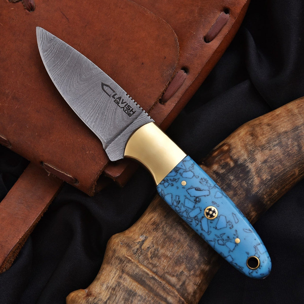 Handmade Damascus Skinner Knife 7 Inch Pearl Blue Resin Handle with Sheath - Lavish Blade