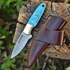 Handmade Damascus Skinner Knife 7 Inch Pearl Blue Resin Handle with Sheath - Lavish Blade