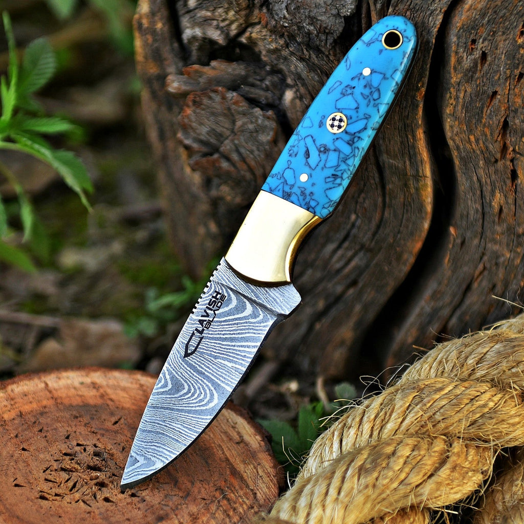 Handmade Damascus Skinner Knife 7 Inch Pearl Blue Resin Handle with Sheath - Lavish Blade