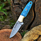 Handmade Damascus Skinner Knife 7 Inch Pearl Blue Resin Handle with Sheath - Lavish Blade