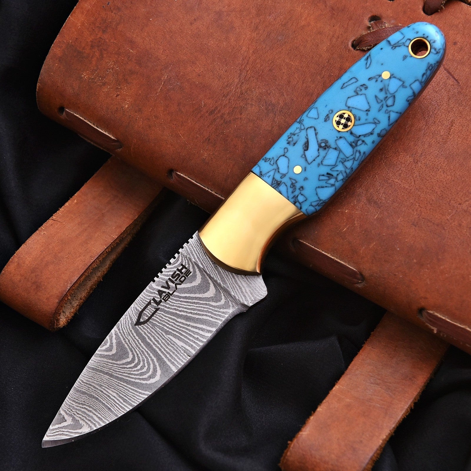 Handmade Damascus Skinner Knife 7 Inch Pearl Blue Resin Handle with Sheath - Lavish Blade