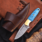 Handmade Damascus Skinner Knife 7 Inch Pearl Blue Resin Handle with Sheath - Lavish Blade