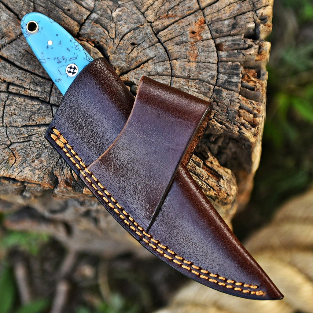 Handmade Damascus Skinner Knife 7 Inch Pearl Blue Resin Handle with Sheath - Lavish Blade