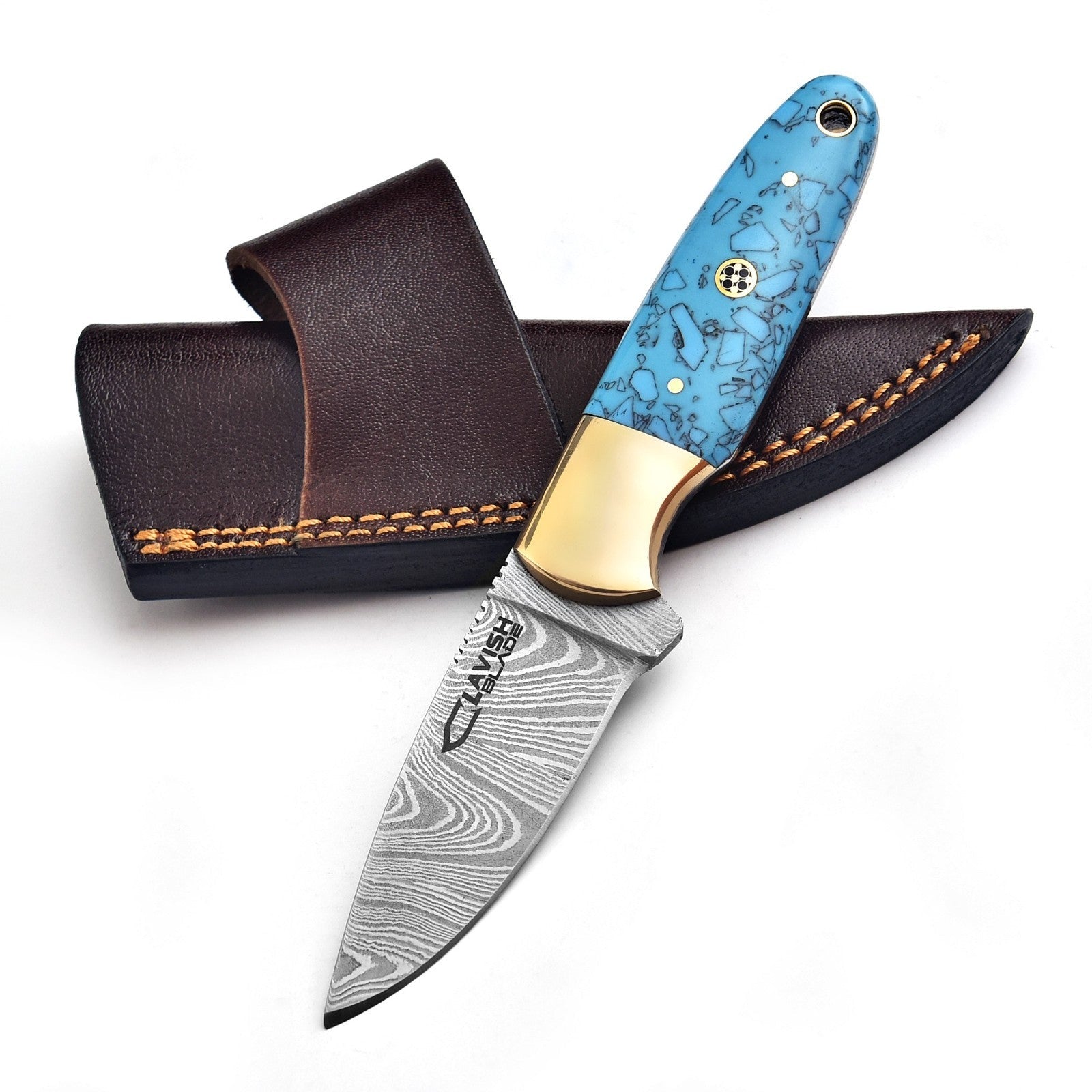 Handmade Damascus Skinner Knife 7 Inch Pearl Blue Resin Handle with Sheath - Lavish Blade