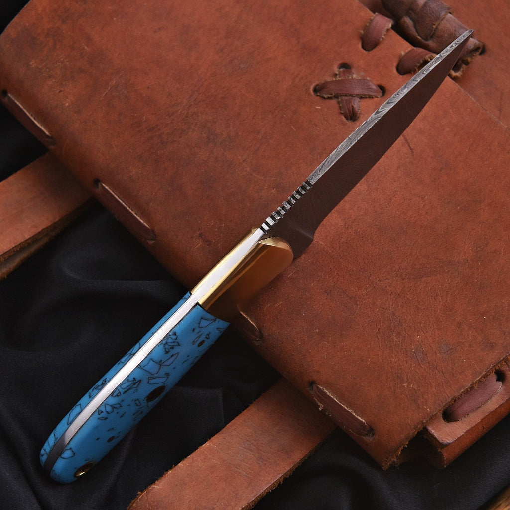Handmade Damascus Skinner Knife 7 Inch Pearl Blue Resin Handle with Sheath - Lavish Blade