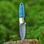 Handmade Damascus Skinner Knife 7 Inch Pearl Blue Resin Handle with Sheath - Lavish Blade