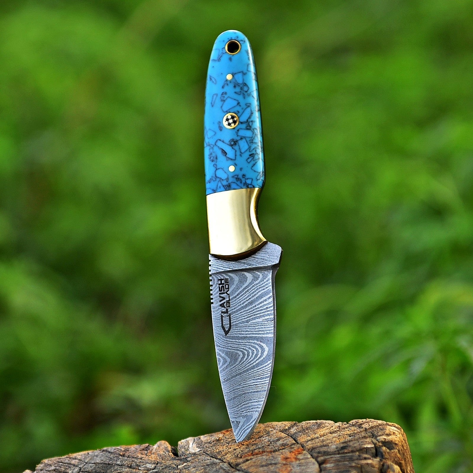Handmade Damascus Skinner Knife 7 Inch Pearl Blue Resin Handle with Sheath - Lavish Blade