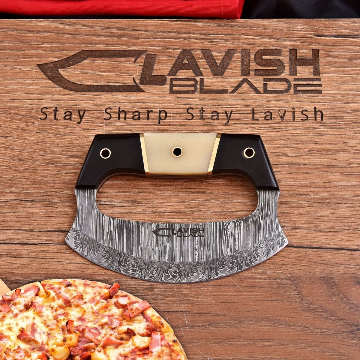 Handmade Damascus Ulu Knife 5.5 Inch Mezzaluna with Bone and Resin Handle - Lavish Blade