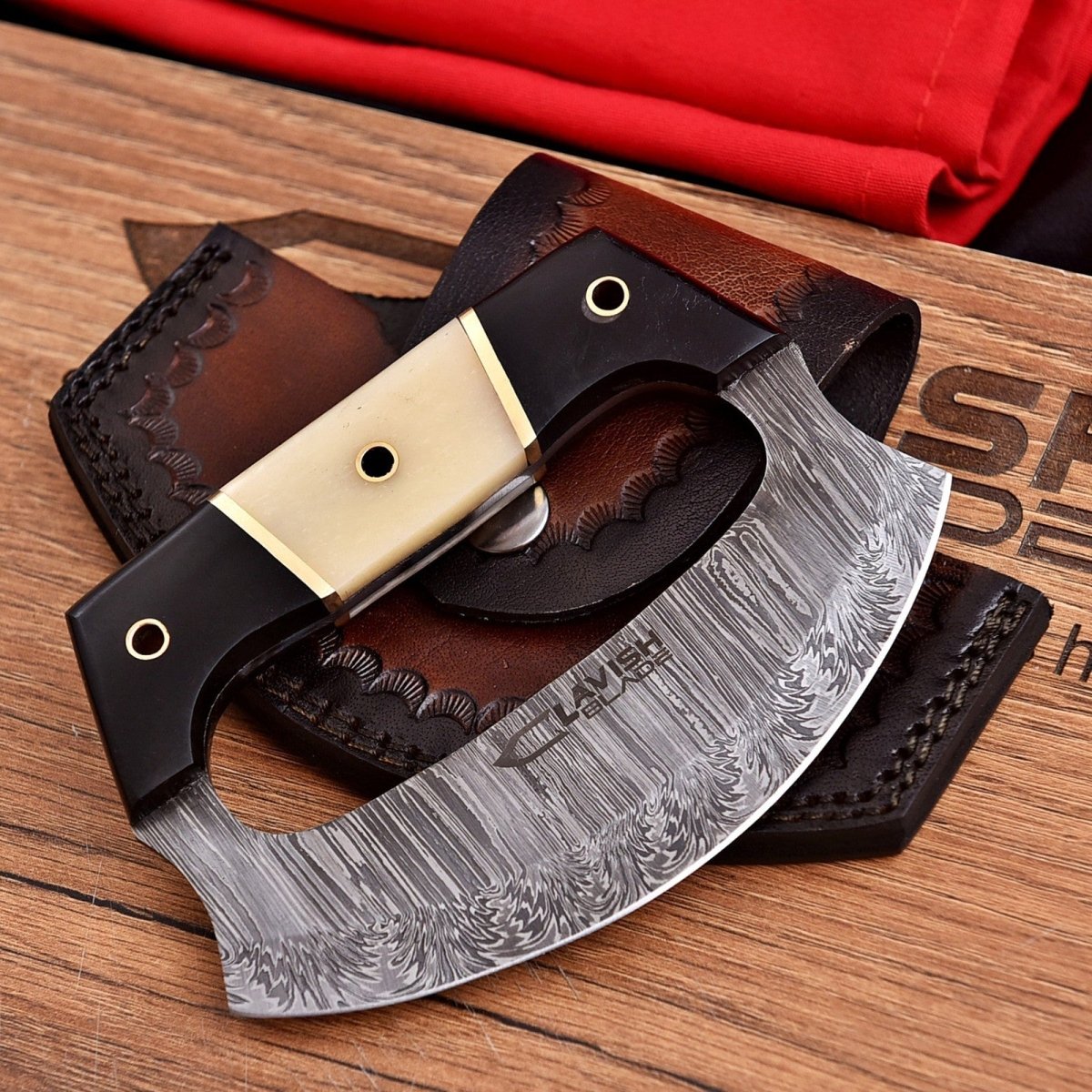 Handmade Damascus Ulu Knife 5.5 Inch Mezzaluna with Bone and Resin Handle - Lavish Blade