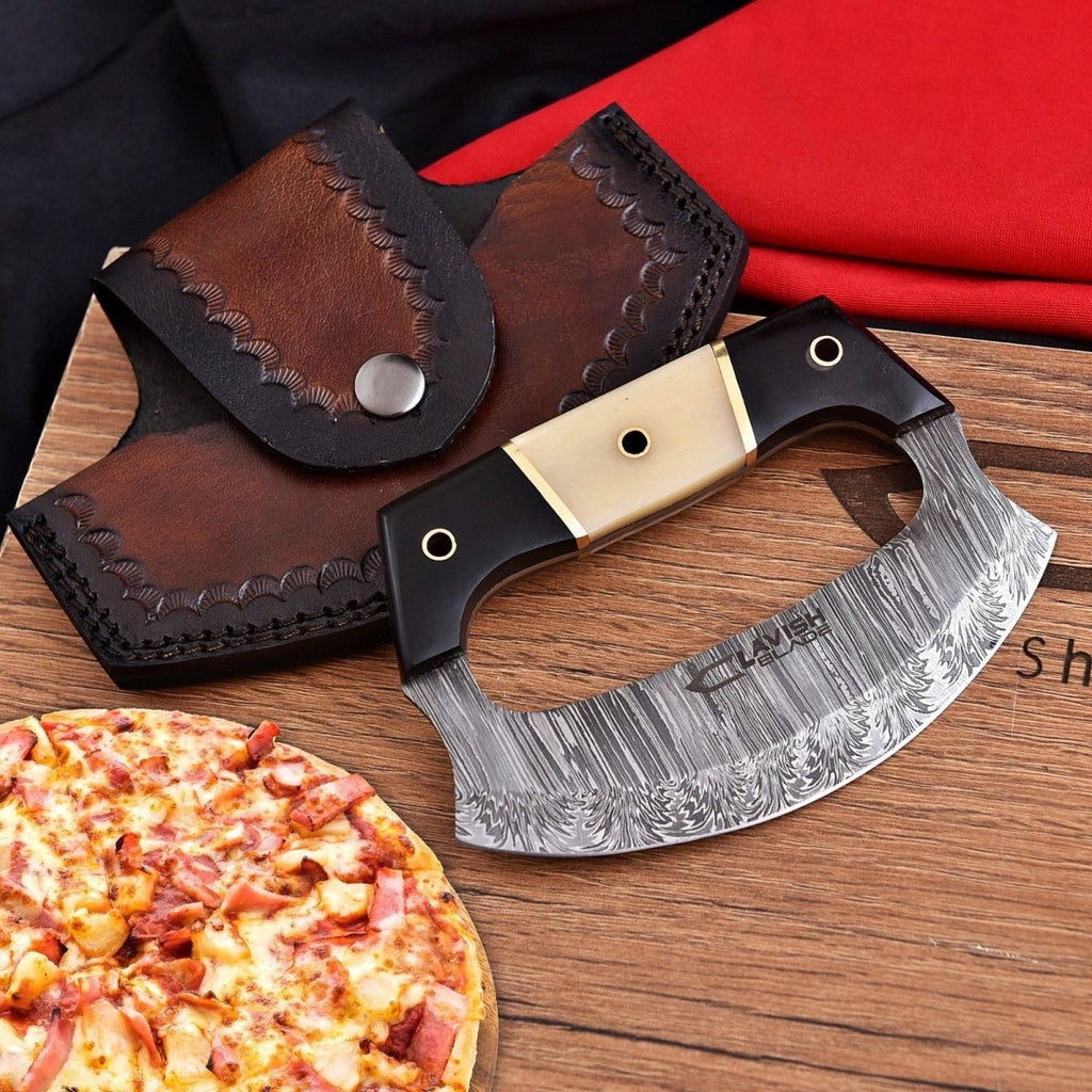 Handmade Damascus Ulu Knife 5.5 Inch Mezzaluna with Bone and Resin Handle - Lavish Blade