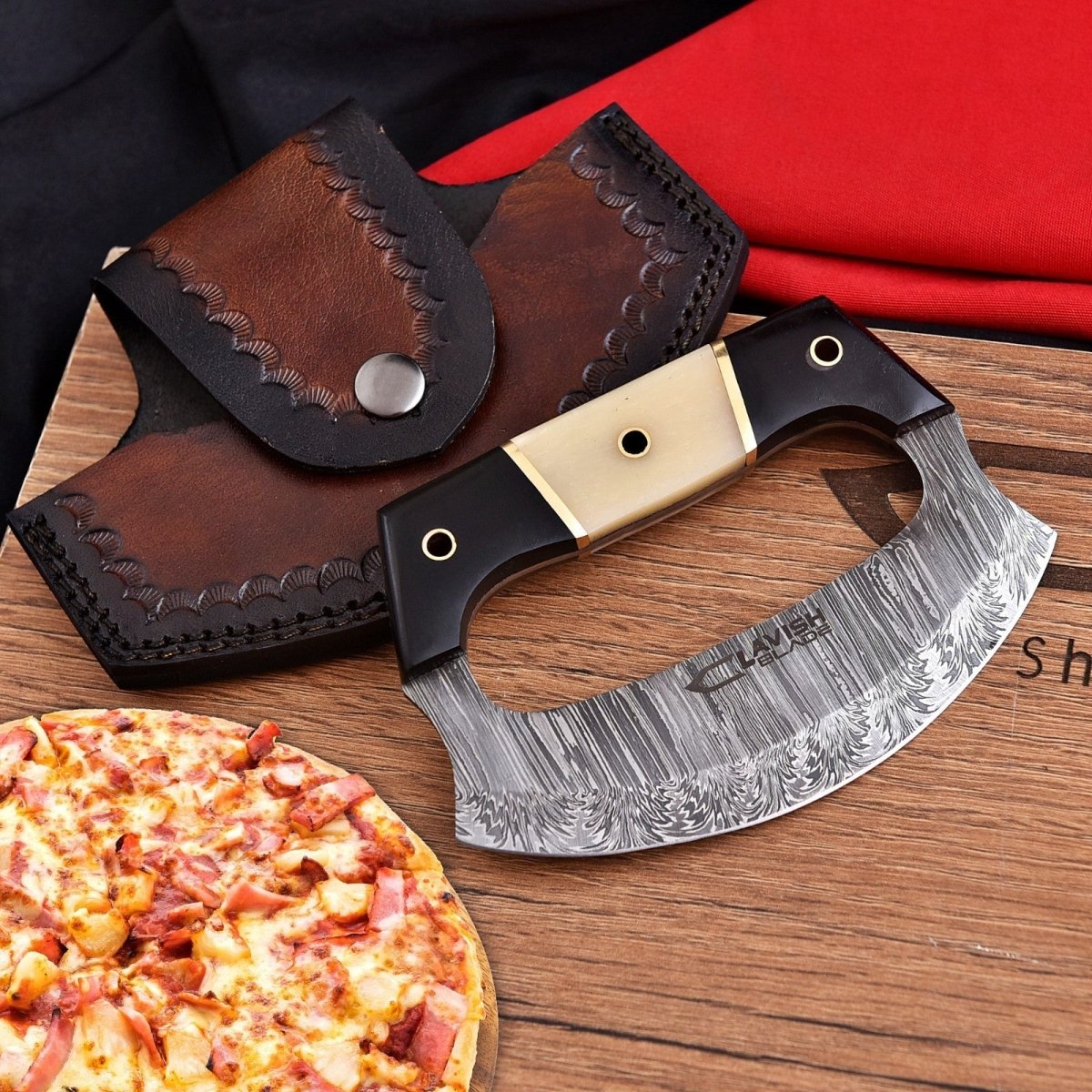 Handmade Damascus Ulu Knife 5.5 Inch Mezzaluna with Bone and Resin Handle - Lavish Blade