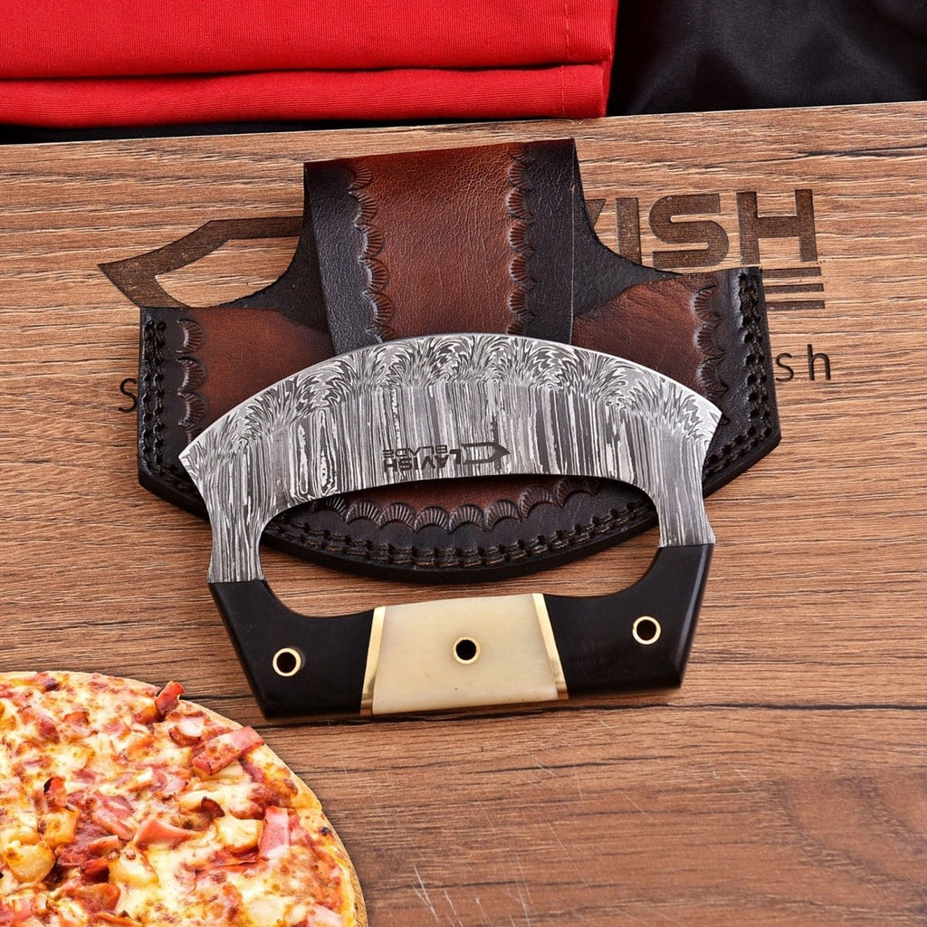 Handmade Damascus Ulu Knife 5.5 Inch Mezzaluna with Bone and Resin Handle - Lavish Blade