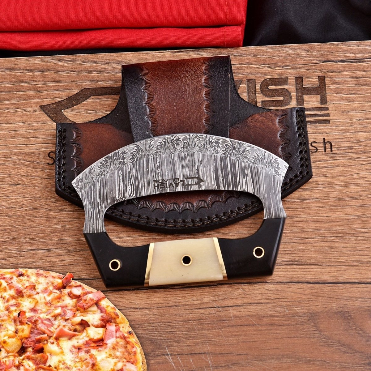 Handmade Damascus Ulu Knife 5.5 Inch Mezzaluna with Bone and Resin Handle - Lavish Blade