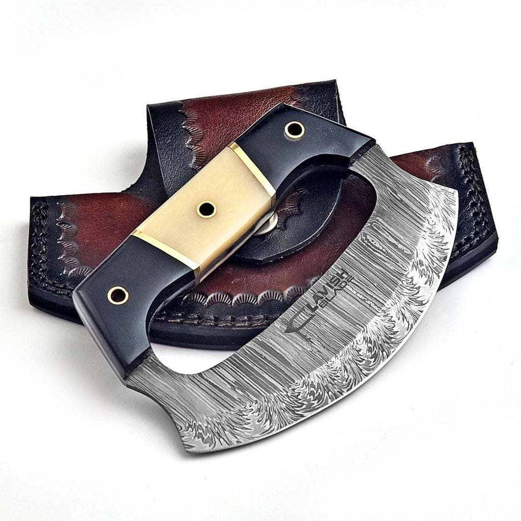 Handmade Damascus Ulu Knife 5.5 Inch Mezzaluna with Bone and Resin Handle - Lavish Blade