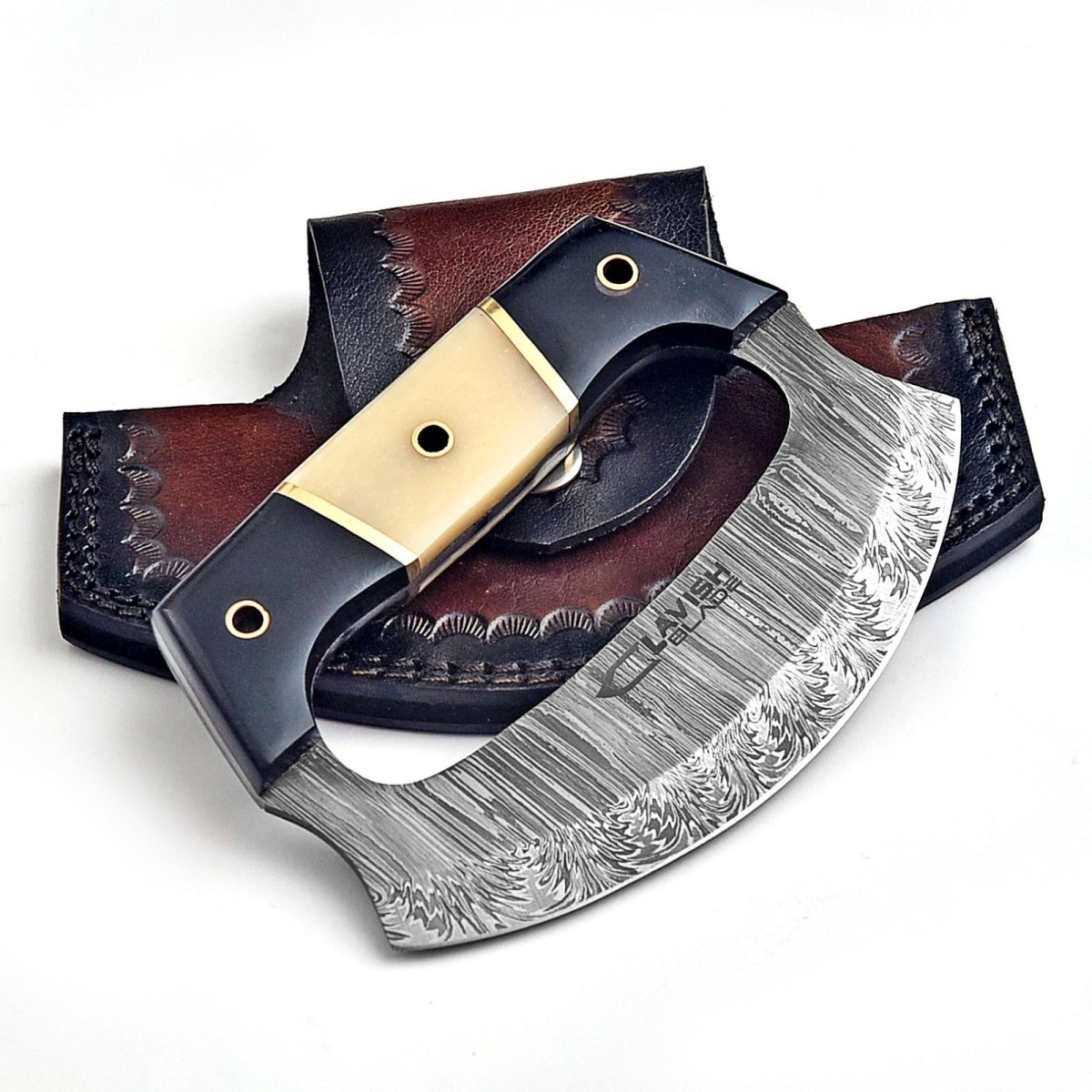 Handmade Damascus Ulu Knife 5.5 Inch Mezzaluna with Bone and Resin Handle - Lavish Blade