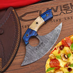 Handmade Damascus Ulu Knife 7 Inch Bone and Wood Handle with Leather Sheath - Lavish Blade