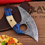 Handmade Damascus Ulu Knife 7 Inch Bone and Wood Handle with Leather Sheath - Lavish Blade