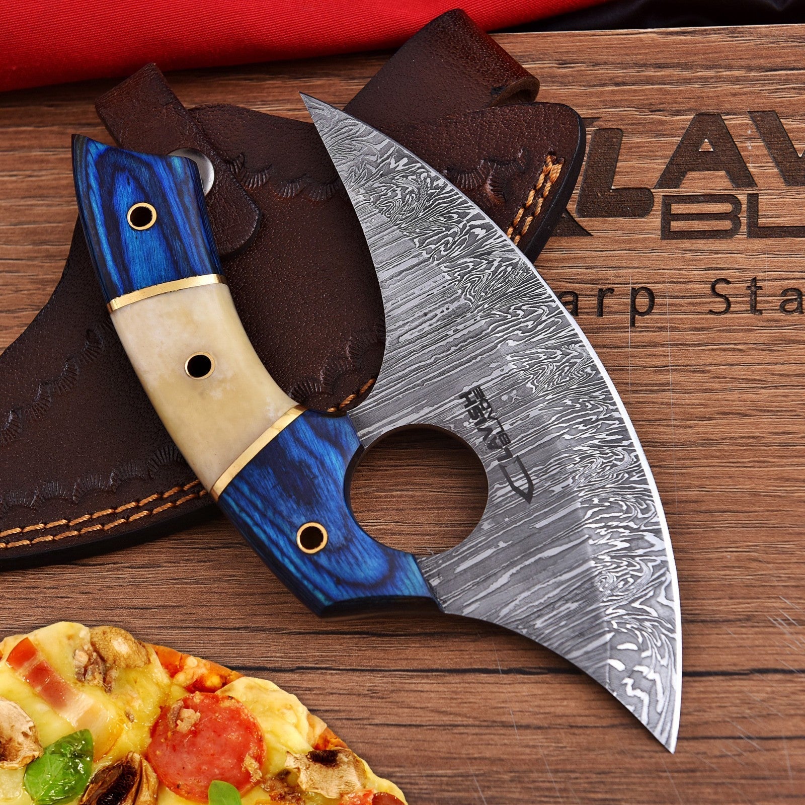 Handmade Damascus Ulu Knife 7 Inch Bone and Wood Handle with Leather Sheath - Lavish Blade